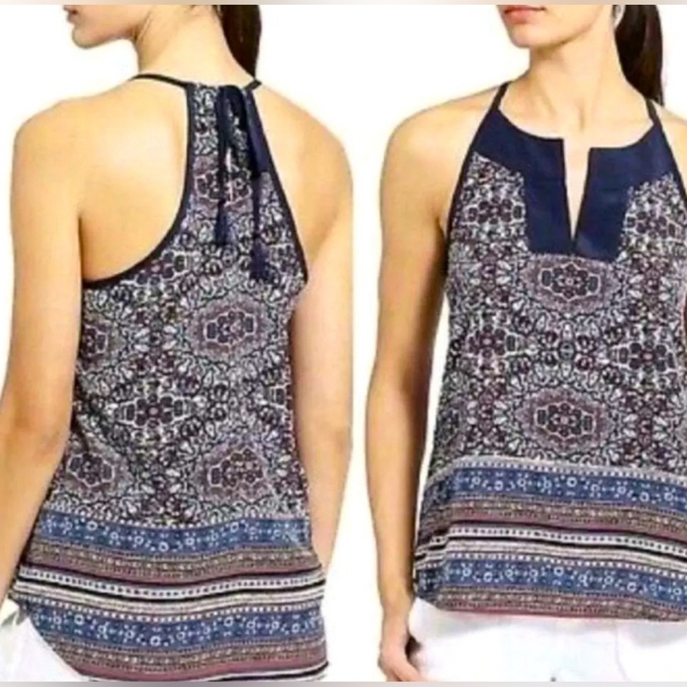 ATHLETA Dunes Paisley Navy Blue & Dark Red Sleeveless Tie Back Top Blouse Med